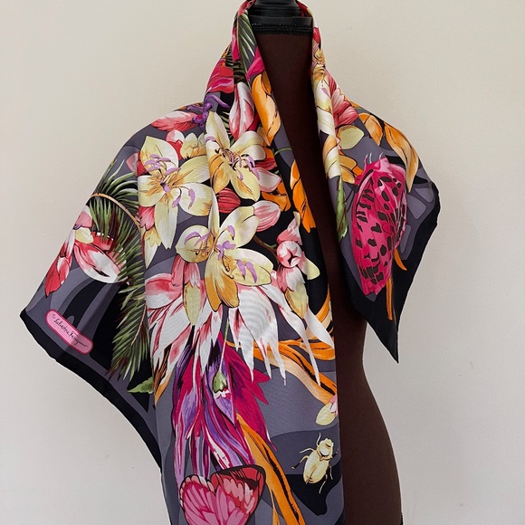 Salvatore Ferragamo Scarf Butterfly Flowers Black Multicolor Silk Wrap - Picture 5 of 16